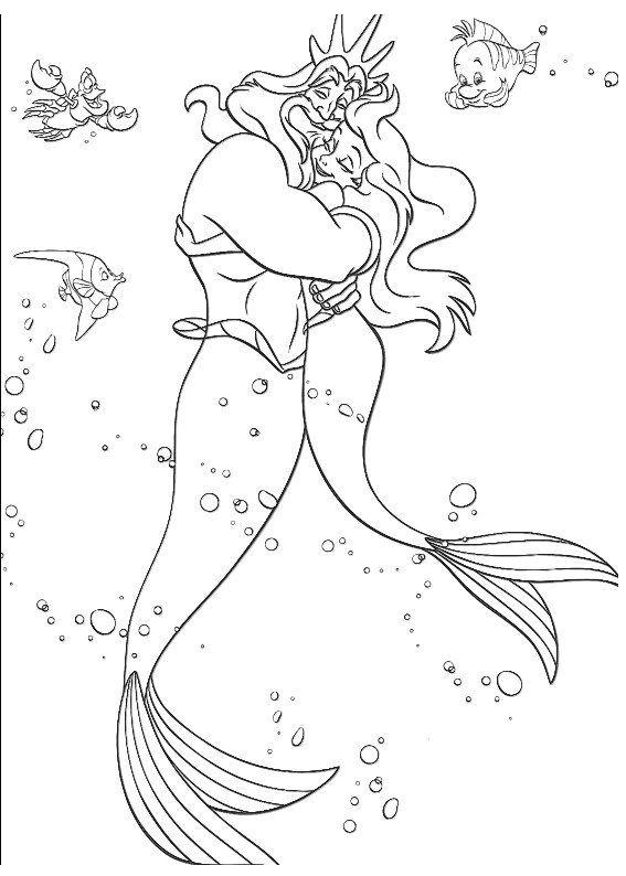 coloriage Arielle la petite sirene embrasse son papa